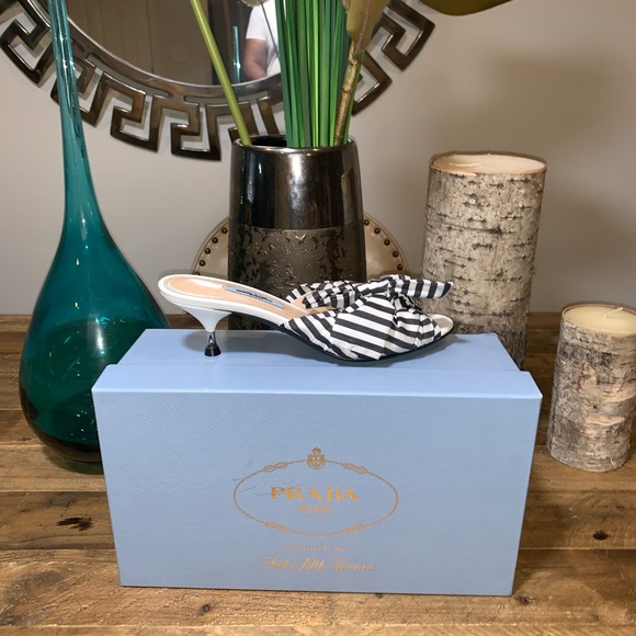 Prada Striped Bow Kitten Heel Sandals - Picture 4 of 8
